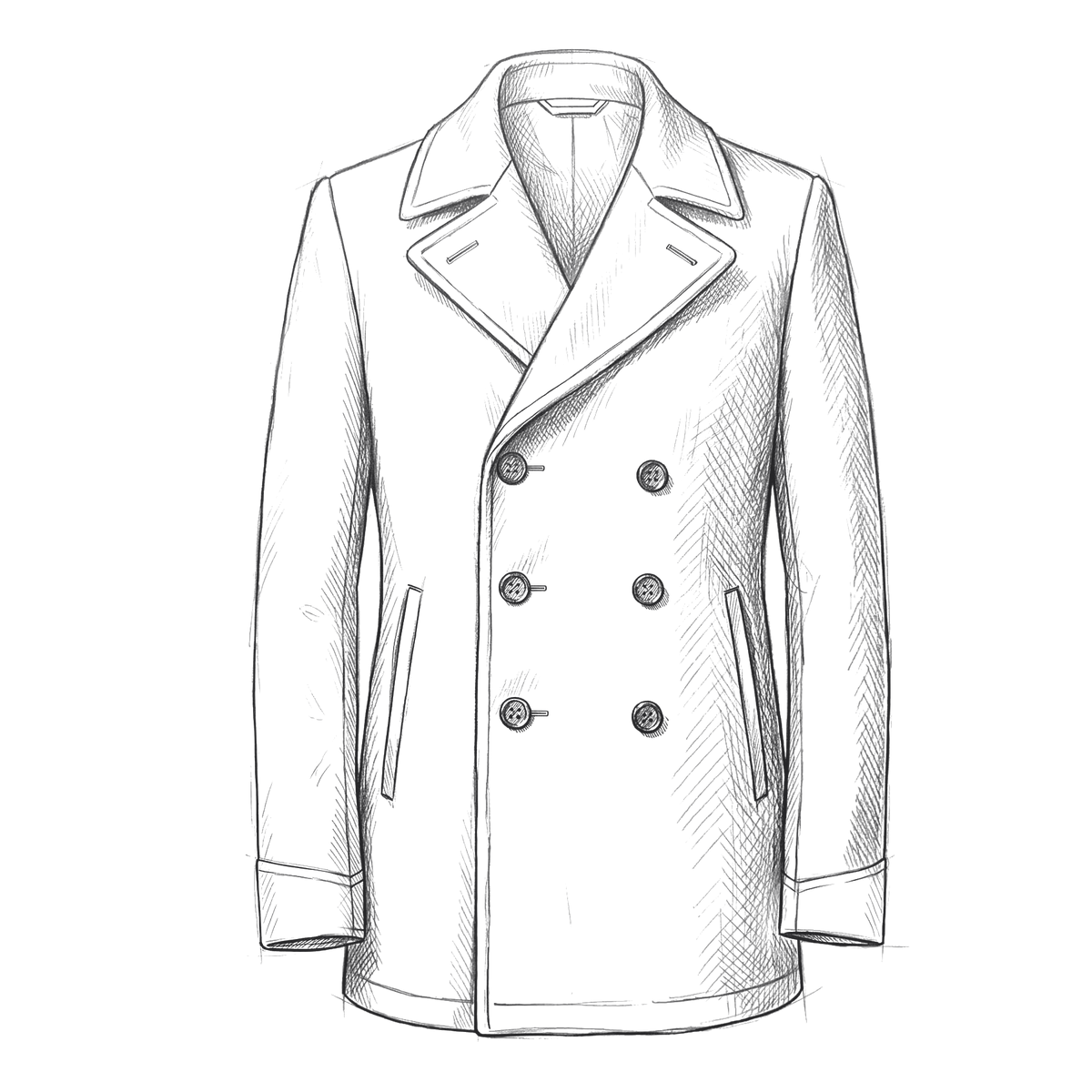 Pencil sketch of the Hampden, a double-breasted peacoat